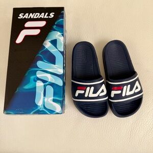 FILA Sleek Slide ST Kids Sandals - Navy/White/Red - Size 2 (Like New)